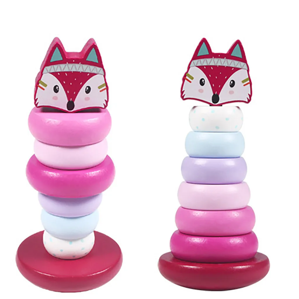 Montessori Kid Education Funny Toys Wooden Rainbow Tower Colorful Rings Stacked Toys For Boy Girl Kids Baby Children Gift
