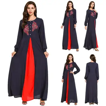 

Muslim Women Embroidery Maxi Dress Buttons Abaya Robe Long Dubai Kaftan Arab Jilbab Patchwork Gown O-neck Islamic Clothing New