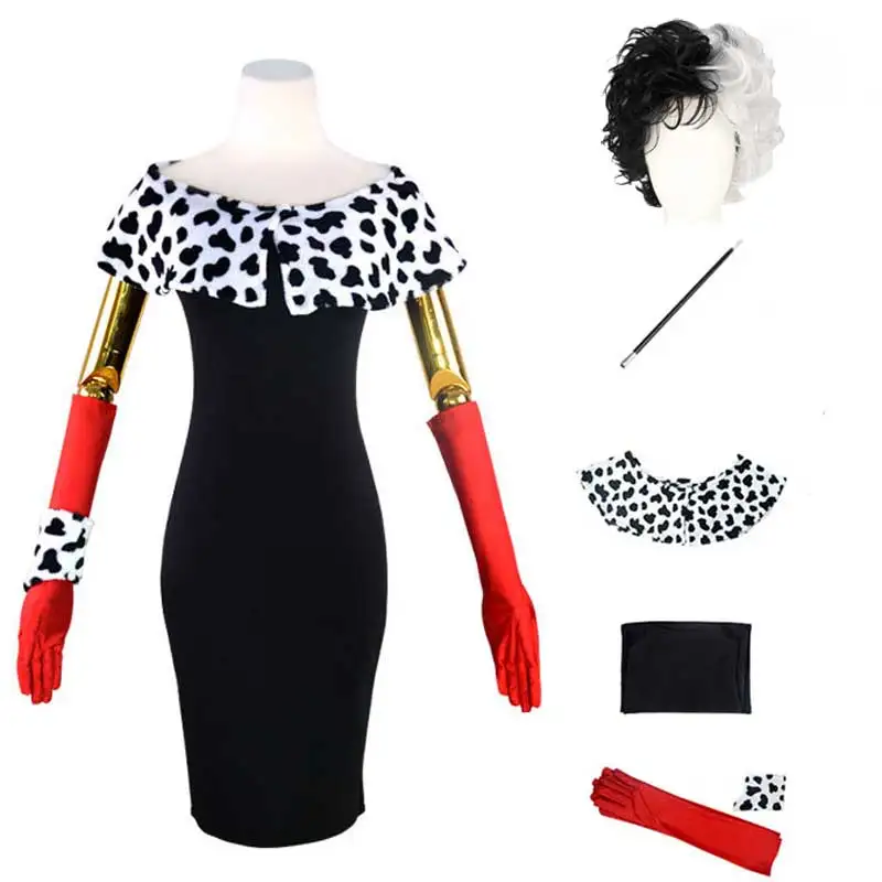Costume Da Donna Cruella De Vil Costume Da Cattivo Cruella Guanti Tippet Cosplay Party Cosplay Costume Di Halloween