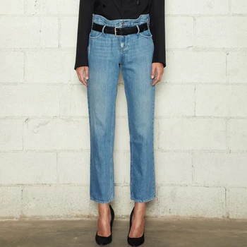 

HarleyFashion Spring Summer High Street Style High Waist Washed Hole Straight Jeans Pants All-matched Loose Trousers with Belt