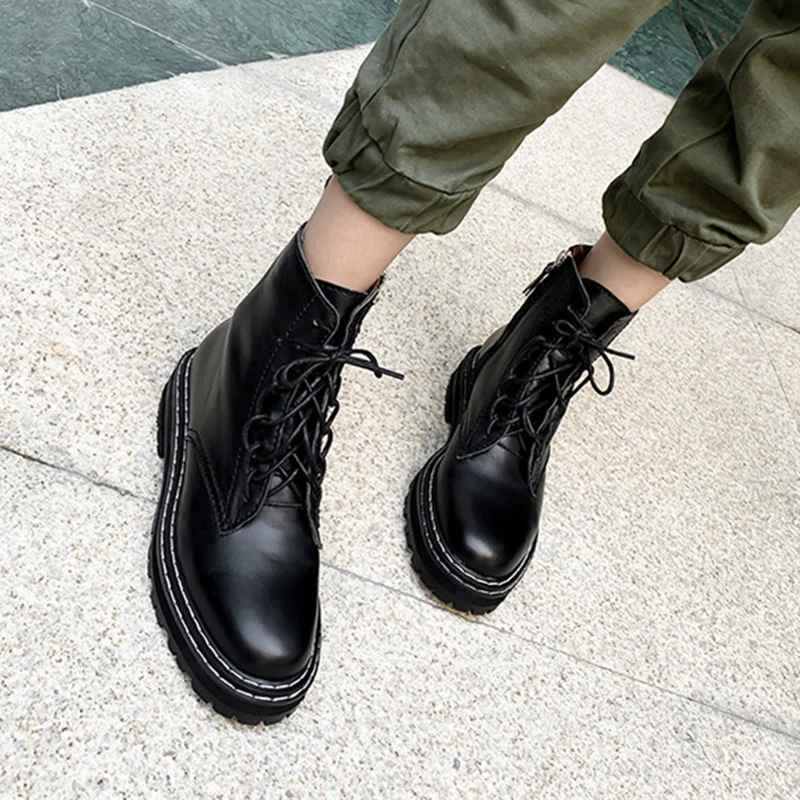 2019 New Fall Winter Martin Boots Women Black Leather Motorcycle Cowboy Platform Boots Punk Combat Ankle Boots Women Shoes