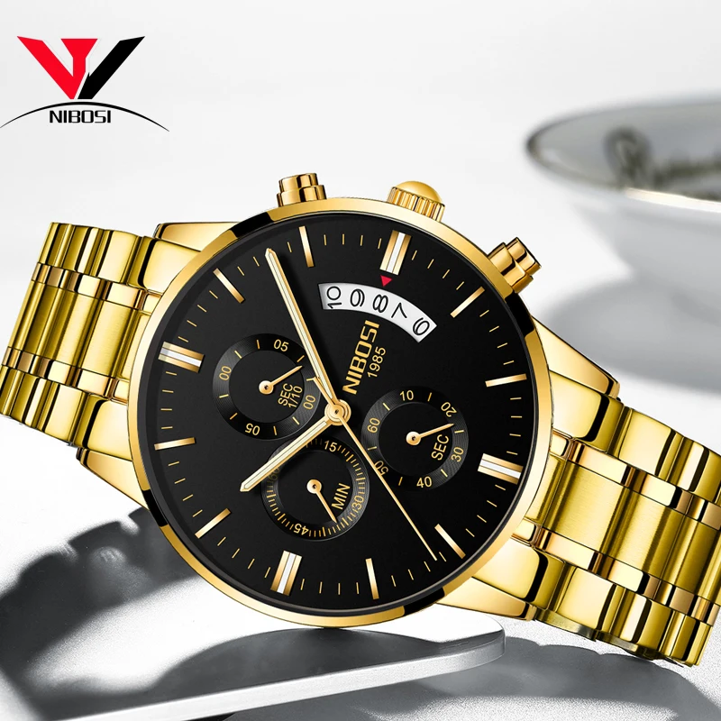 Skup NIBOSI męskie zegarki chronograf sportowe męskie zegarki Top marka luksusowe wodoodporne pełne stalowe kwarcowy złoty zegar mężczyźni Relogio Masculino