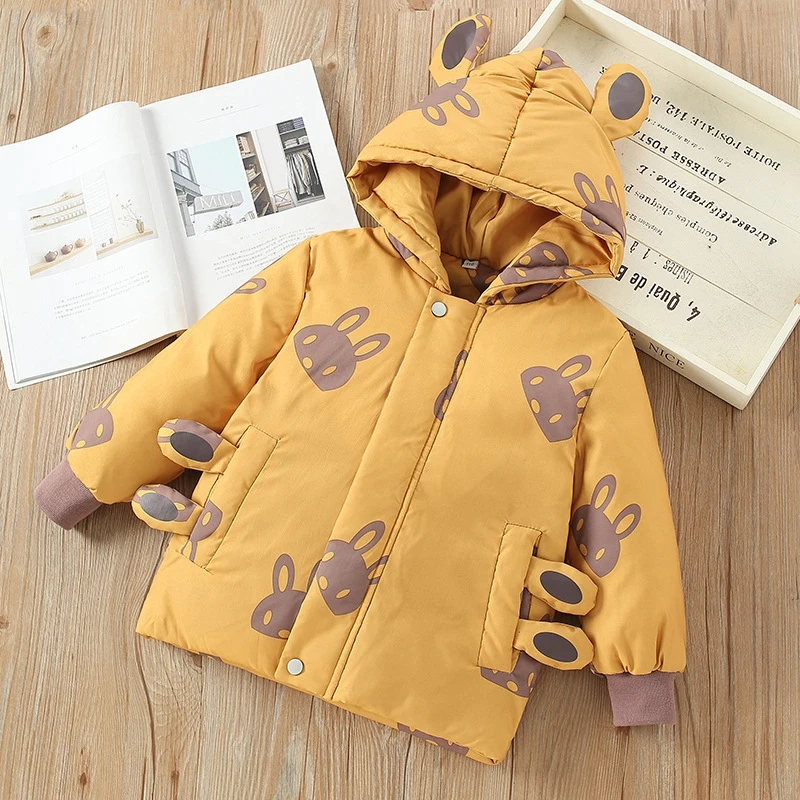 Yellow Winter Jackets Girls Rabbit Ear Hooded Patchwork Cartoon Thicken Warm Parkas 90% White Duck Down Coat For 4-10 Years Clothes - Цвет: Yellow