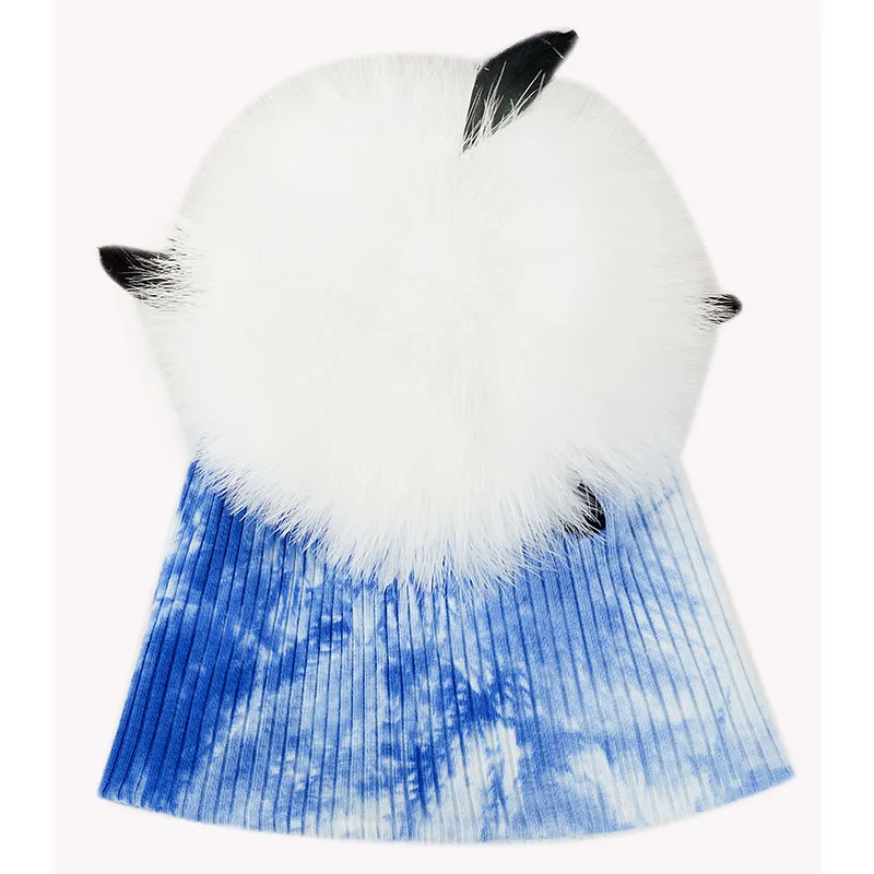 blue white white Geebro/новые детские резинки для девочек и мальчиков, шапки с гофрированной резинкой, шапки с 15 см, страусиное меховое помпон, мягкая хлопковая шапка с черепами для детей, детские шапочки - Цвет: blue white white