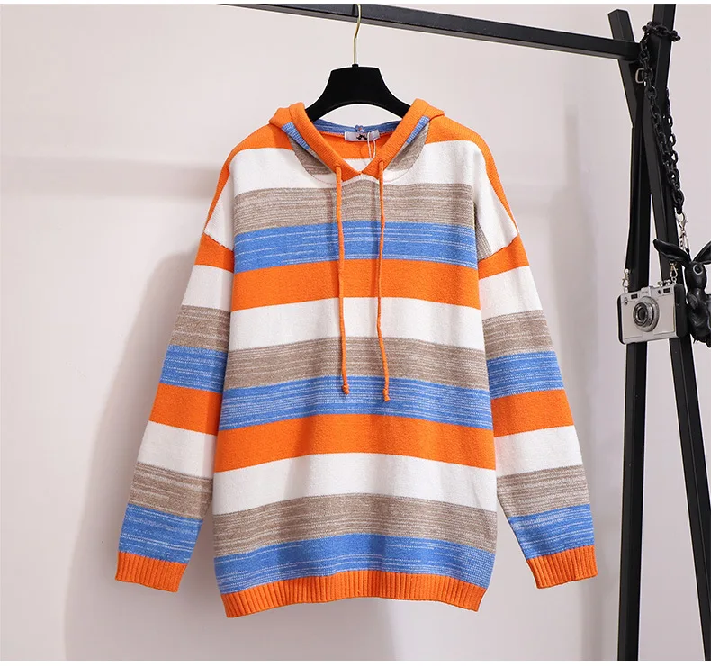 2XL~ 6XL Женская Полосатая свободная толстовка с капюшоном, с длинным рукавом, с заниженным плечом, вязанные радужные повседневные топы, весенне-осенние пуловеры B740