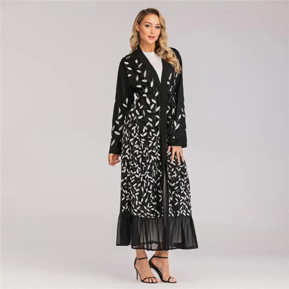Дубай abaya кимоно кружева вышивка открытый кафтан леди мусульманское платье макси кардиган jilbaw ислам платье с длинным рукавом Одежда