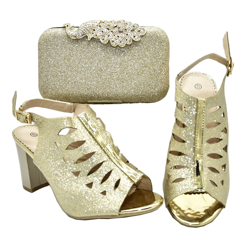 Новейший итальянский комплект из туфель и сумочки; роскошная дизайнерская обувь для женщин; женские свадебные туфли-лодочки в африканском стиле; женская обувь на высоком каблуке - Цвет: Золотой