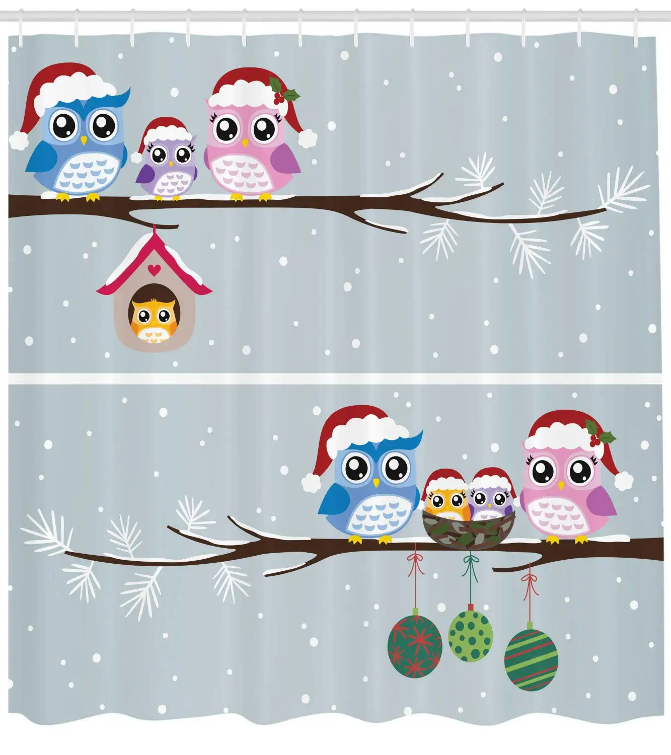 

Сова Семья с Сантой шапки на ветке дерева с младенцами в гнезде птицы снежный зимний принт