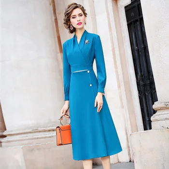 

2020 New Spring Women Luxury Design Long Party Dress Full Sleeve Casual Vintage Dress Plus Size Solid Celebrities Sexy Dresses