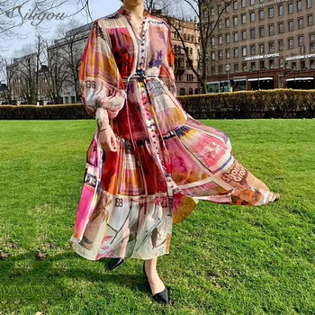 

Ailigou 2020 New Fall Women's Dresses Loose Holiday Lantern Sleeves Stunning Colorful Printed Belt Sexy Party Dress