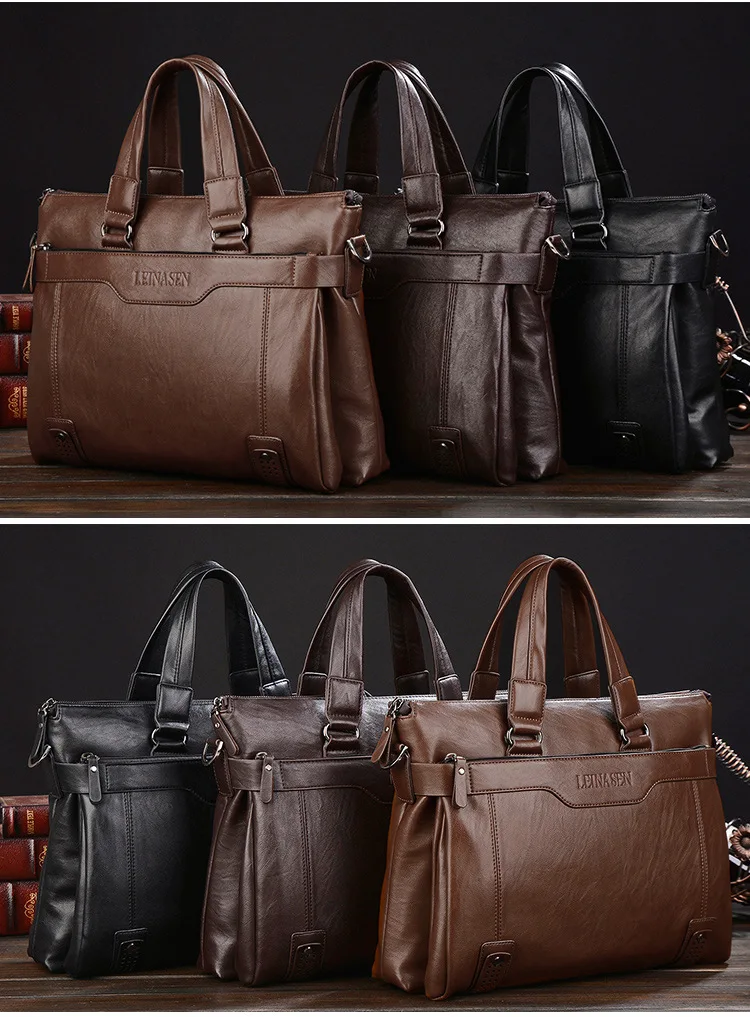 Men Leather Black Briefcase Business Handbag Messenger Bags Male Vintage Shoulder Bag Men's Large Laptop Travel Bags_voghion.com