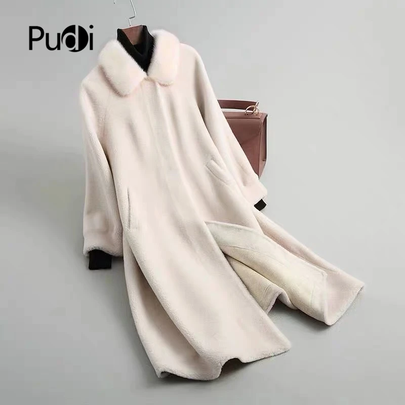 

PUDI A18139 women's winter real wool overcoat warm jacket real mink fur girl coat lady Long jacket overcoat