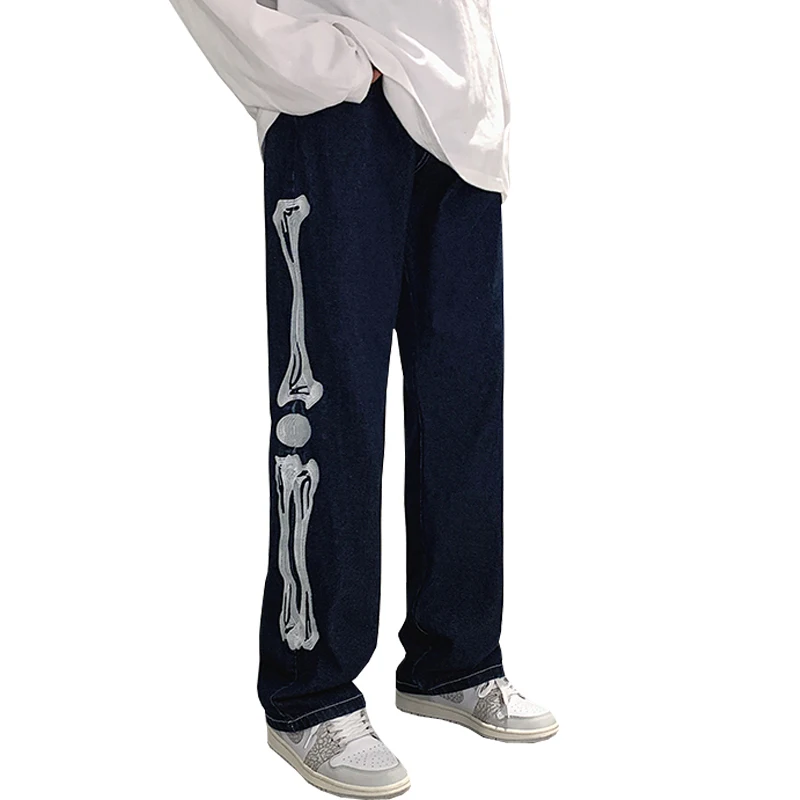 

Skeleton Jeans Pants Wide Leg Straight Streetwear 2023 Hip Hop Casual Denim Pantalon Homme