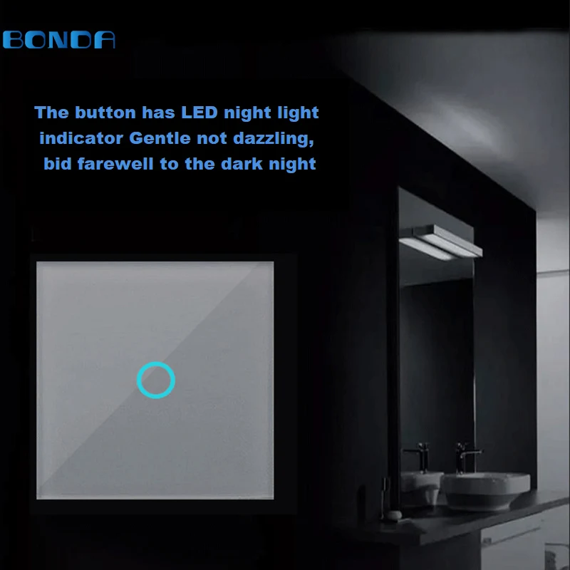 BONDA touch switch, EU standard, white crystal, glass panel, touch switch, Ac220v, 1 set, 1 way, wall light, wall touch screen
