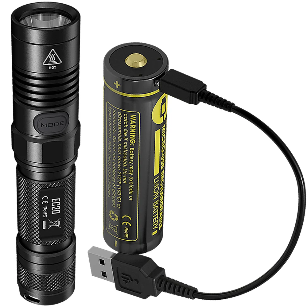 Nitecore EC20 960 Lumens LED Outdoor EDC Flashlight+18650 USB Port Rechargeable Battery+Charging Cable Waterproof Torch Lanterna