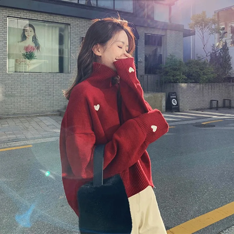 

Winter Turtleneck Women Sweater Chic Heart Embroidery Knitted Sweaters Korean Sweet Female Pullovers Casual Loose Thick Sweater