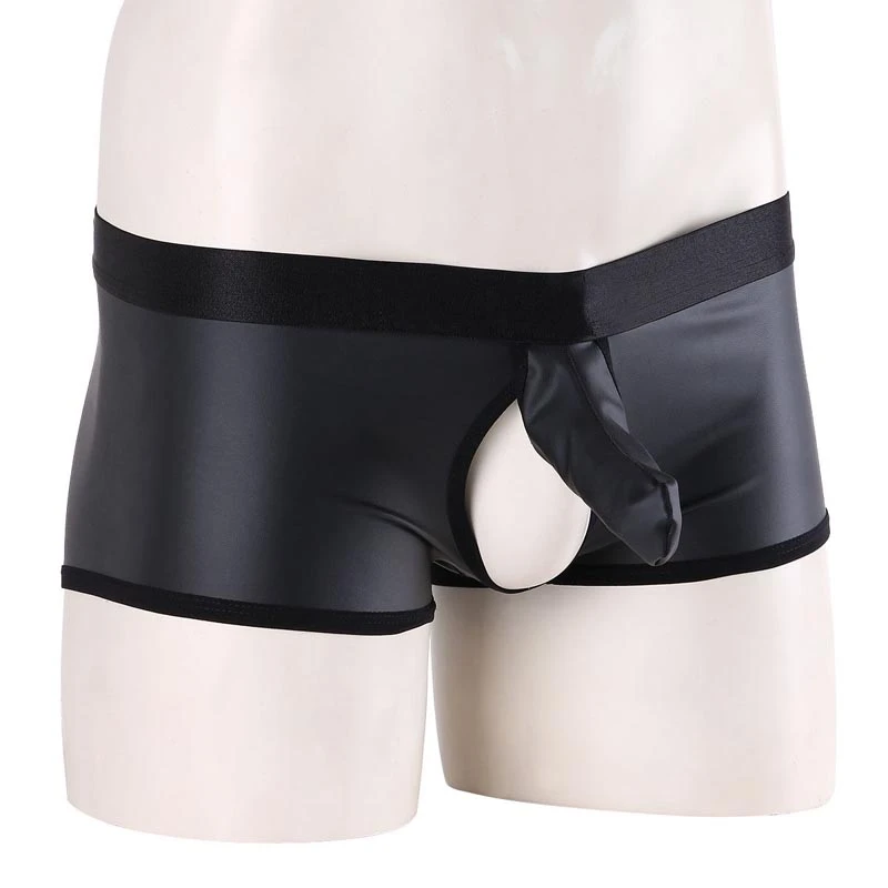 Gay Fetish Men Sexy Shiny Wet Look Boxer Brief with Penis Sheath Open Crotch Shorts Breathable Underwear Lingerie activa stockings