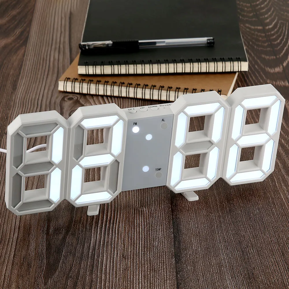 Белый 3D светодиодный DAdjustable цифровые часы Цифровая часы с режимом включения по таймеру Спальня настольные будильники висит 12/24 часа домашний декор настенные часы в подарок - Цвет: Белый