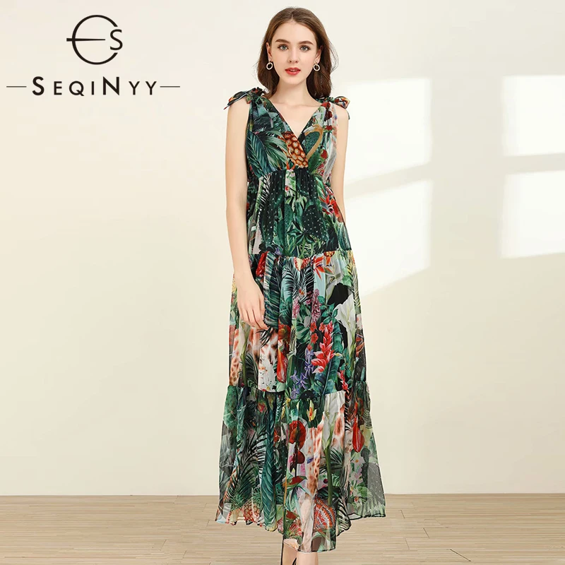 SEQINYY, шифоновое платье, лето-весна, модный дизайн, v-образный вырез, без рукавов, цветочный принт, пальмовый лист, ананас, Пляжное Платье