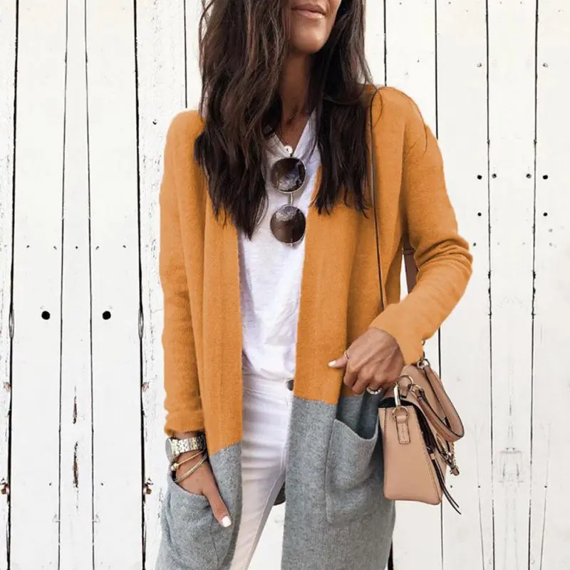 

Women's Patchwork Color Long Sleeve Jumper Female Cardigan Sweaters Coats Korea Style Knitted Loose Cardigans