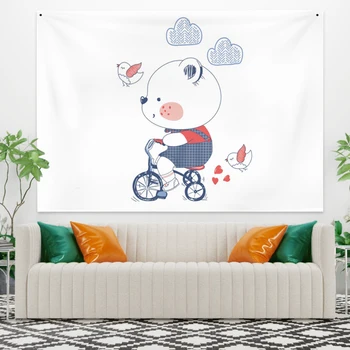 

Cassisy Cute Bear Cyclist on Bike Tapestry Wall Hanging Bird Heart Flaky Clouds Tapestry For Living Room Bedroom Dorm Decro