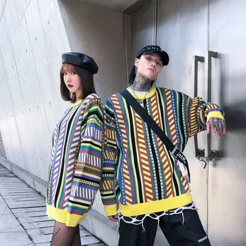 

Sweater Men Striped Color Block Loose Round Neck Pullover Cotton Sweater Sueter Hombre Cashmere Korean Clothes Couple Sweaters