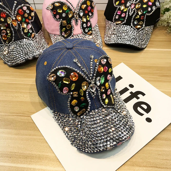 Spring Summer Cowboy Hat Butterfly Color Rhinestone Baseball Hat Sunscreen Women Sunshade Hat Duck Tongue Girl Fashion Pink ball caps for women