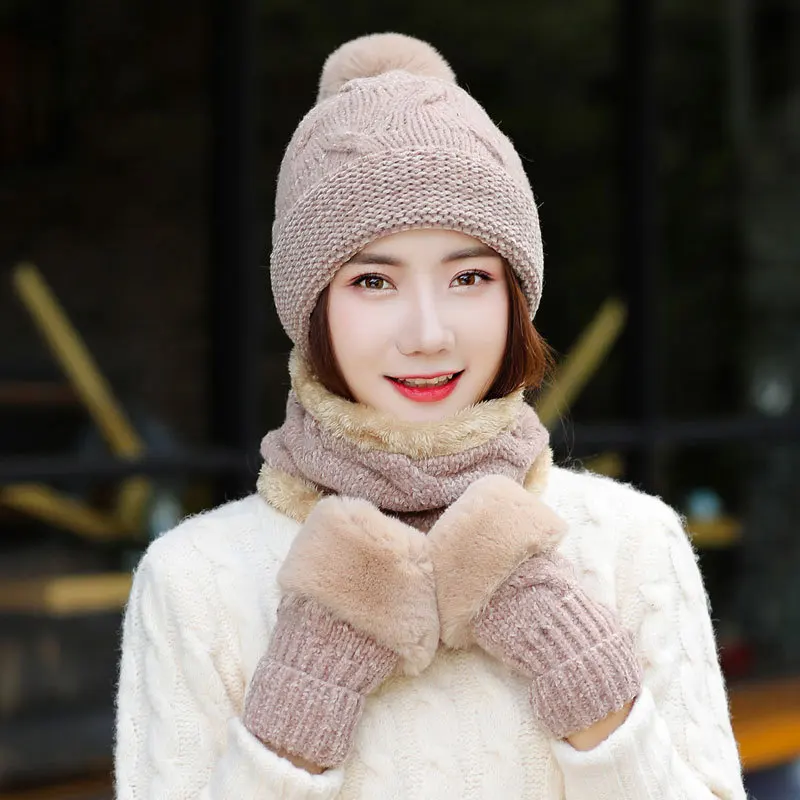 Осень зима искусственный мех кролика шапка набор Толстая теплая женская шапка шарф 2 шт наборы - Цвет: 48