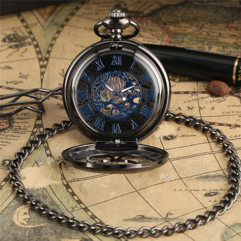 Classic Hollow Flower Roman Numerals Display Men Manual Mechanical Pocket Watch Exquisite Pendant Hand-winding Clock with Chain