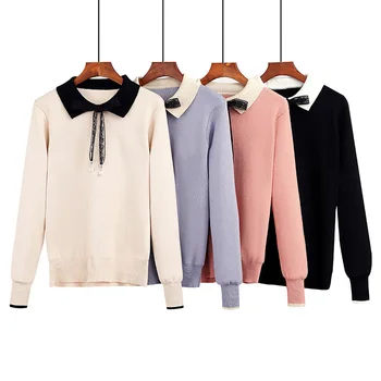 

Korean Style 2019 Spring Lace Bow Tie Knitted Lapel Sweater Female Cute Ladies Tops Streetwear Teenage Girls Pullovers Elastic