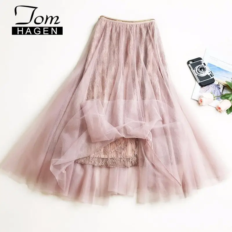 Женская фатиновая юбка плиссированная средней длины с высокой талией тонкая