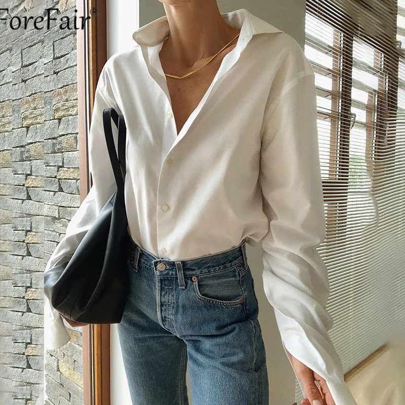 Forefair White Long Sleeve Button Casual Basic Women T Shirt Autumn Spring Fashion Tee Sexy Streetwear Tops 2020 | Женская одежда