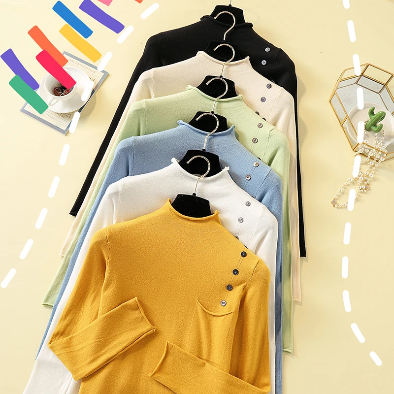 

2019 Autumn New Button Half-high Collar Pullover Sweater Women Basic Models Wild Core Yarn Fashion Long Sleeve Sweater Female