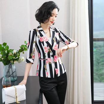 

Women Floral Suit Blazer Slim One Button Formal Business Coat Jacket Outwear New Striped X2