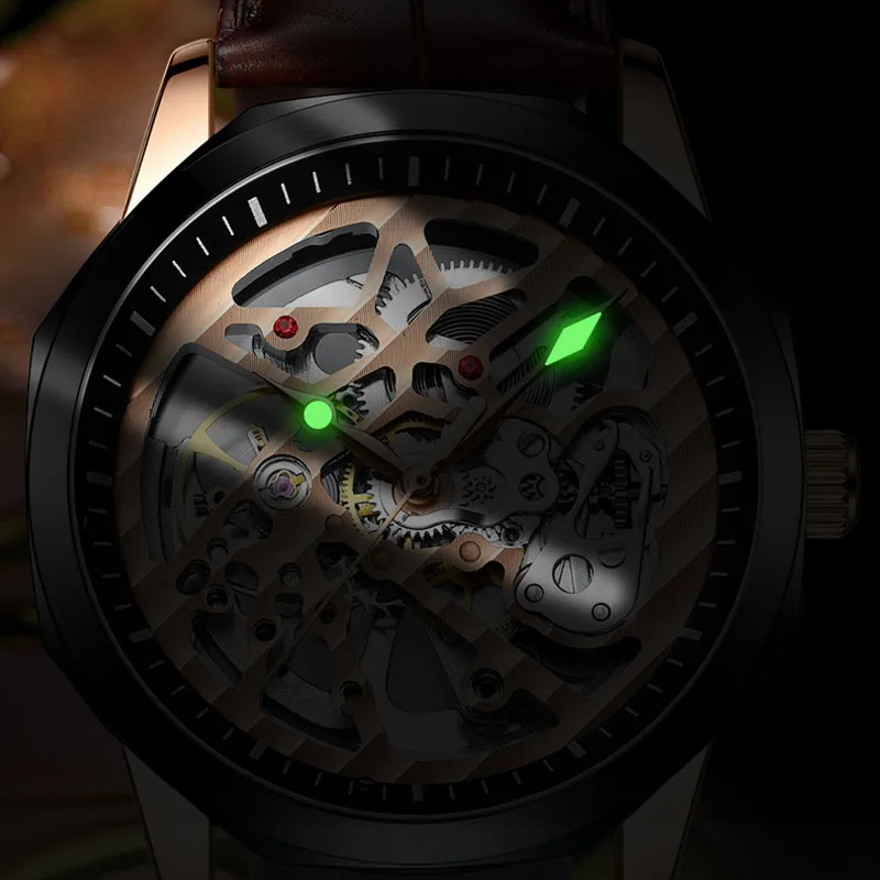 AILANG Luxury Brand Skeleton Automatic Mechanical Watch Mens Fashion Sports Men Watches Leather Strap Relogio Masculino