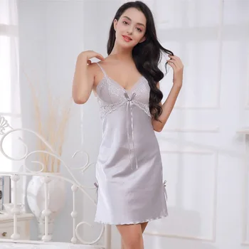 

Summer Night Dress Lace Night Gown Lingerie For Women Ladies Sexy Silk Sleepwear Satin Nightgown Rk
