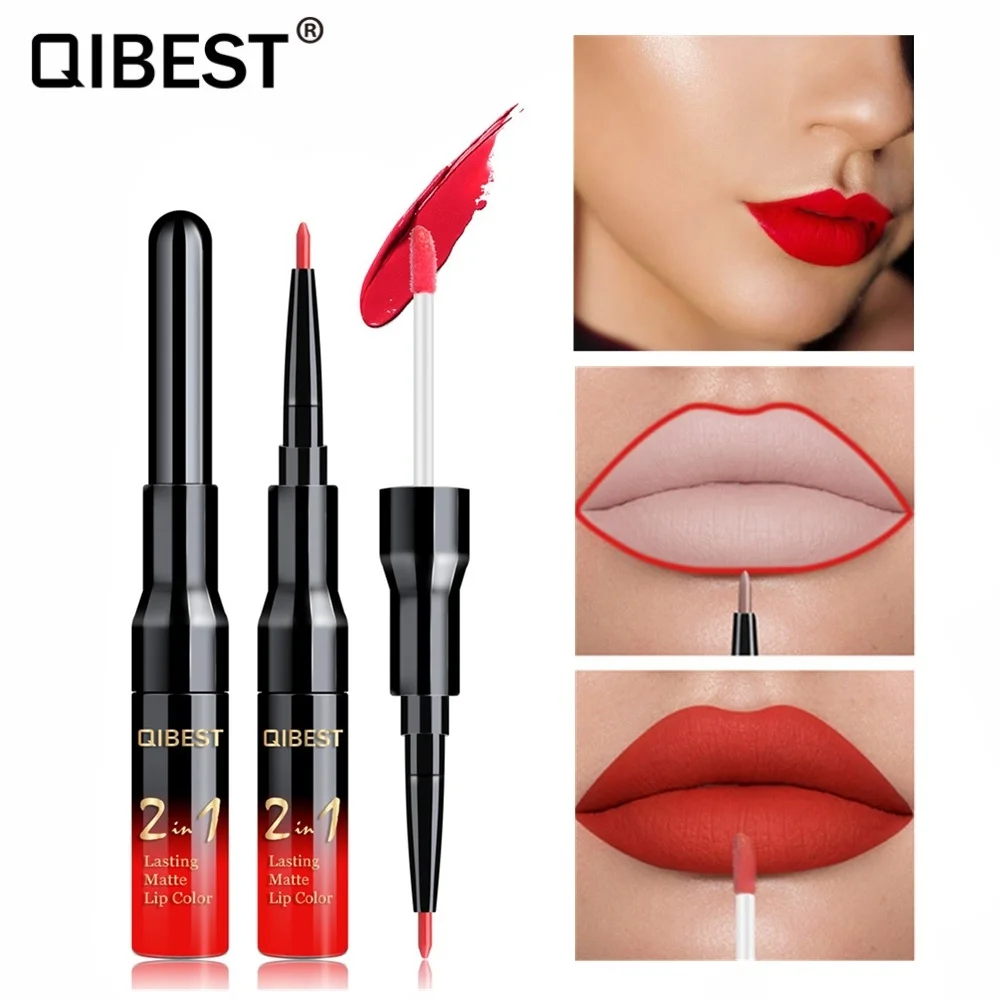 Qibest Double Head Matte Lip Gloss Lip Tint Liner Waterproof Nude Makeup Lipgloss Lasting Matt Purple Red Brown Liquid Lipstick