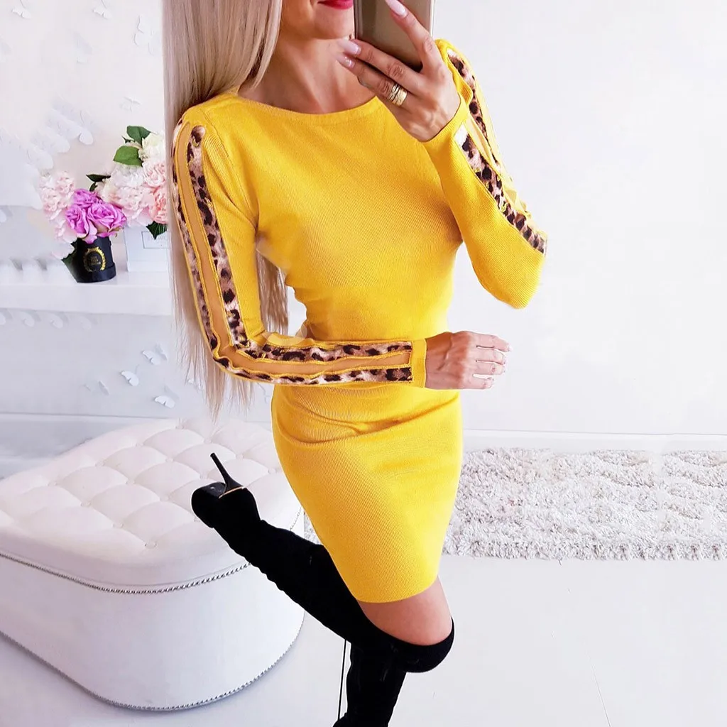 FREE OSTRICH Winter Dress Women Leopard Print O-neck Slim Fit Lace Fashion Long Sleeve Straight Dignified Popular Short | Женская одежда
