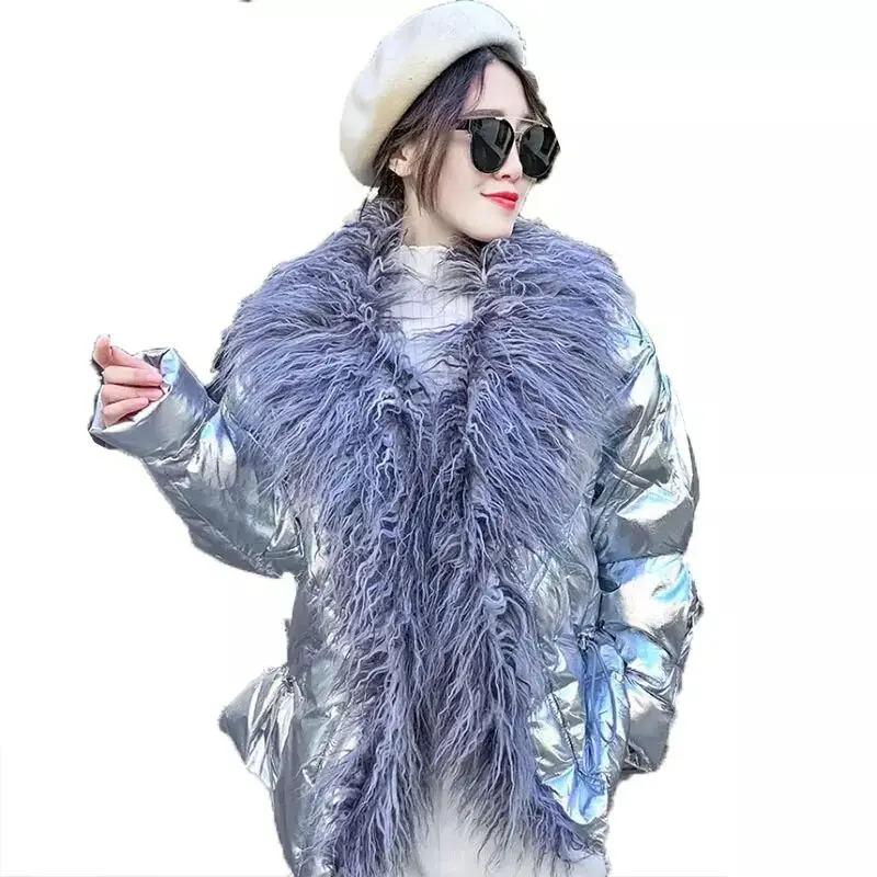 

Women's Winter Silver White Duck Down Jacket Glossy New 2019 Big Real Fur Collar Pink Blue Warm Parkas For Female Short Coats