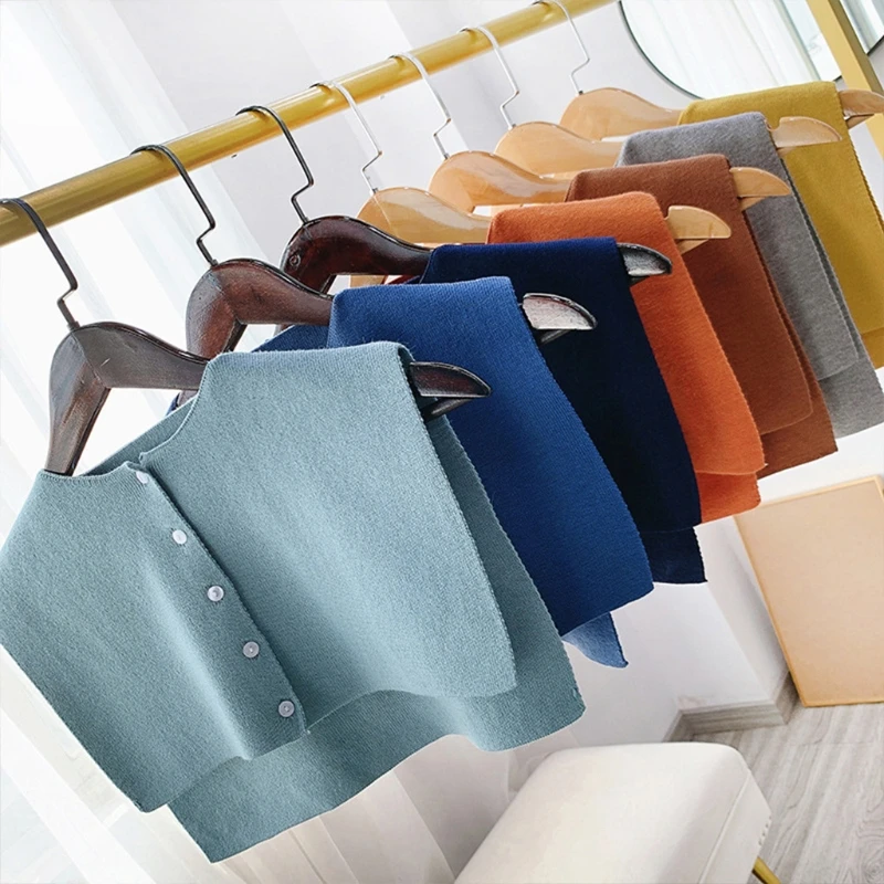 

Women Autumn Knitted Big Shawl Button Down Round Neck Fake Collar Solid Color Warmer Detachable Short Poncho Capelet