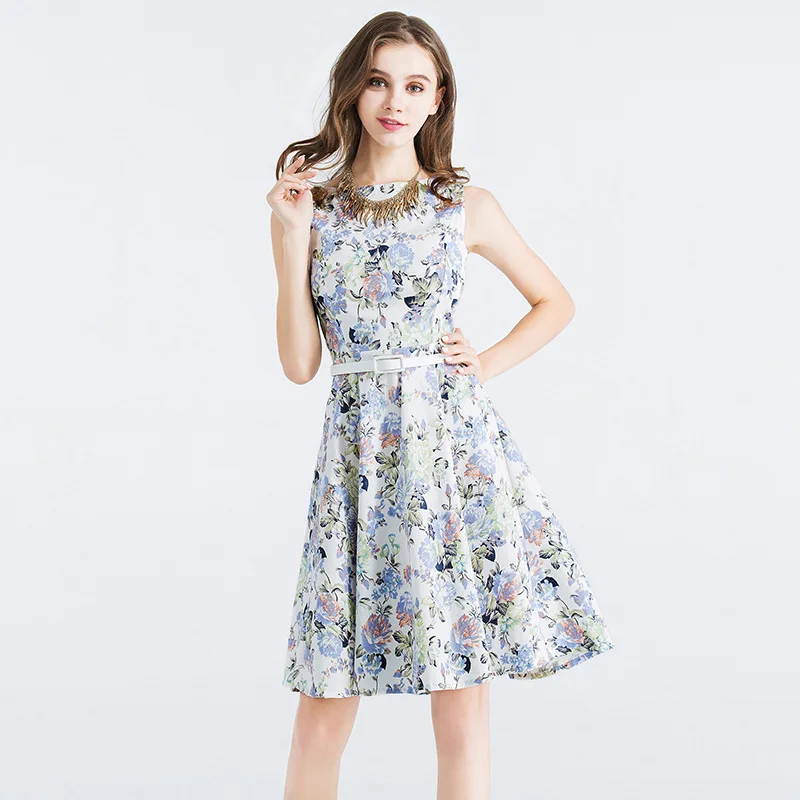 

2017 New Style Europe And America Peony Vest Printed Big Hemline Dress Belt Included