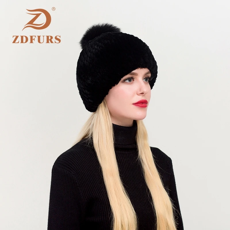 ZDFURS* Женский вязаный Настоящий мех кролика шапочки шапки Серебристые помпоны из лисьего меха кролика рекс шапка натуральный мех кролика рекс шапка - Цвет: black black pompom