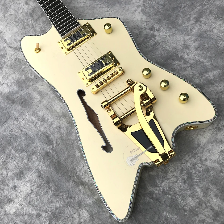 Custom shop Пользовательские электрогитары, цвет оболочки перламутровая привязка, молочно-белый, f-отверстие, система vibrato большой джойстик, Золотое оборудование
