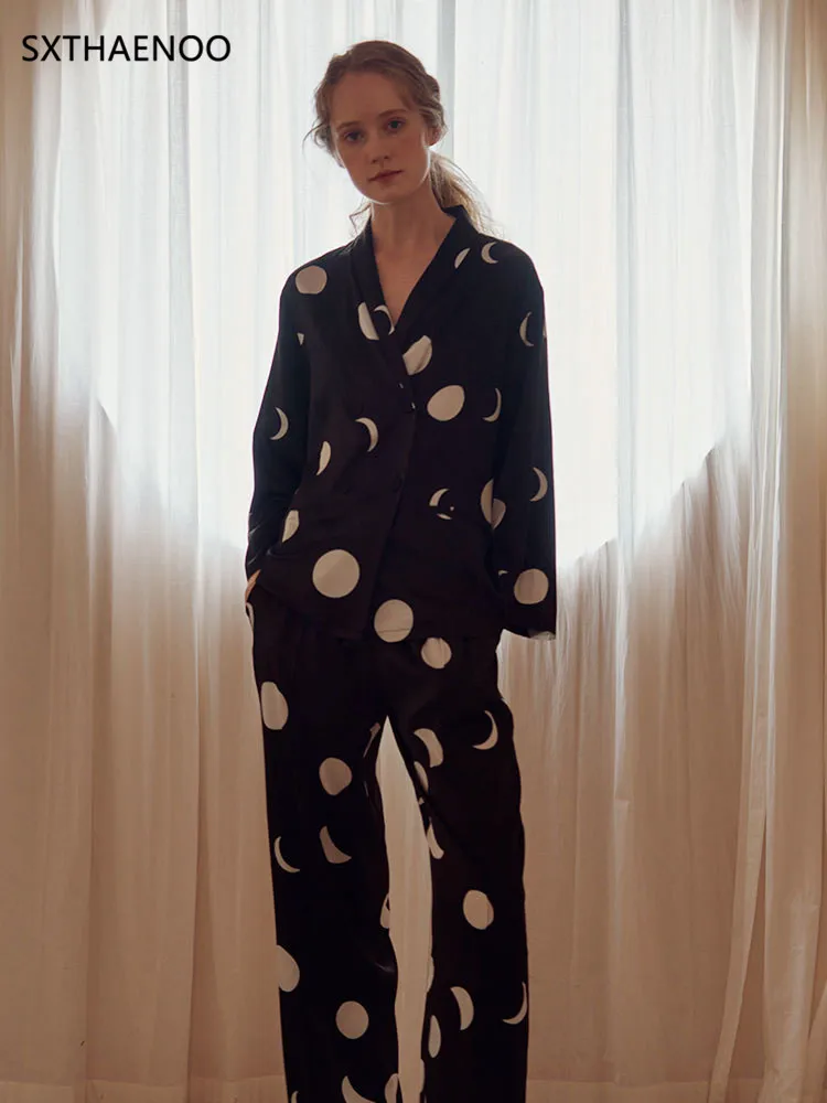 Autumn Women's Pajamas Set Pattern Sleepwear Simplicity Long-sleeved Ice Silk Nightie Luxury Home Clothes Nightwear Set