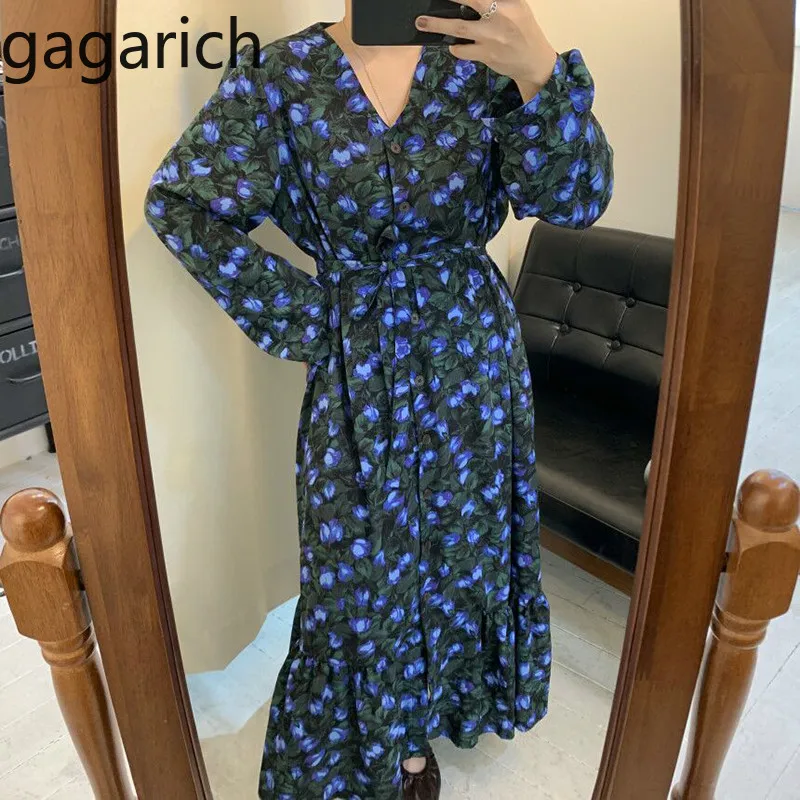 

Gagarich Women Floral Chiffon Long Dresses Spring V Neck Single Breasted Loose Bandage Slim Flounced Vestidos Femme Retro Dress