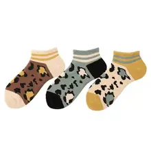 Женские короткие носки с леопардовым принтом; весенне-летние короткие носки в полоску с манжетами для девочек; носки в горошек с сердечками; коричневые носки с леопардовым принтом; 3 пар/лот