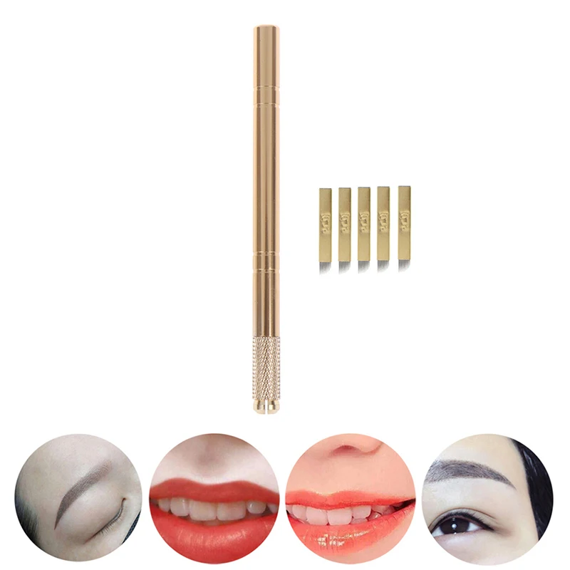 3D Golden Tattoo Pen + 5 Pc 12 Pins Microblading Tattoos Needles Permanent Makeup Manual Professional Eyebrow Tattoo Set