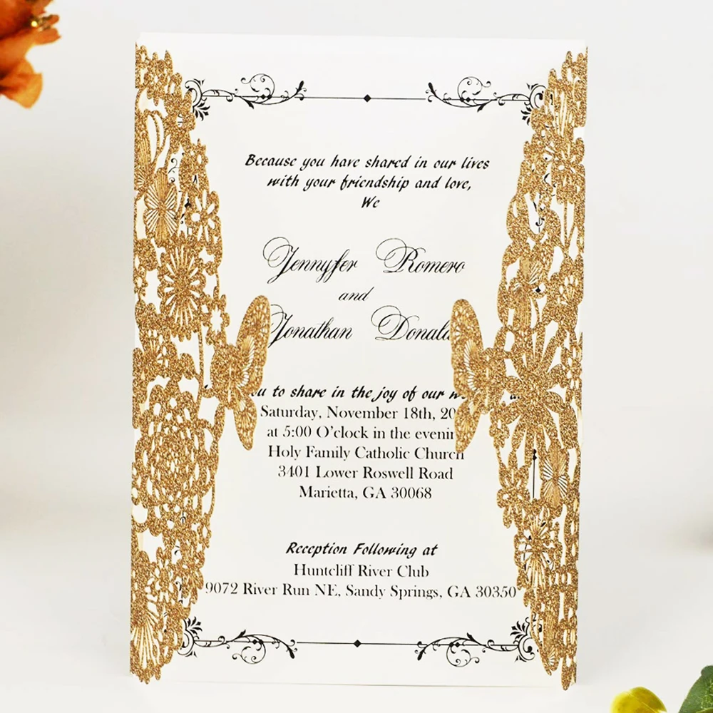  Wishmade 100pcs Lace Wedding Invitations Cards with Gold Glitter Laser Cut Butterfly for Bridal Sho - 4.00042E+12