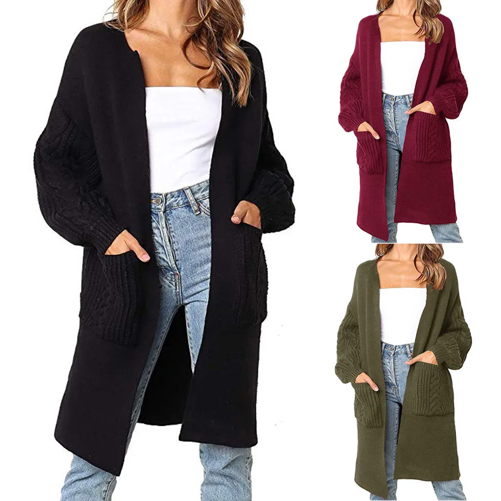 Women Sweater Fashion Solid Color Knitted Long Sleeve Pockets Cardigans New High Quality Top #45 |