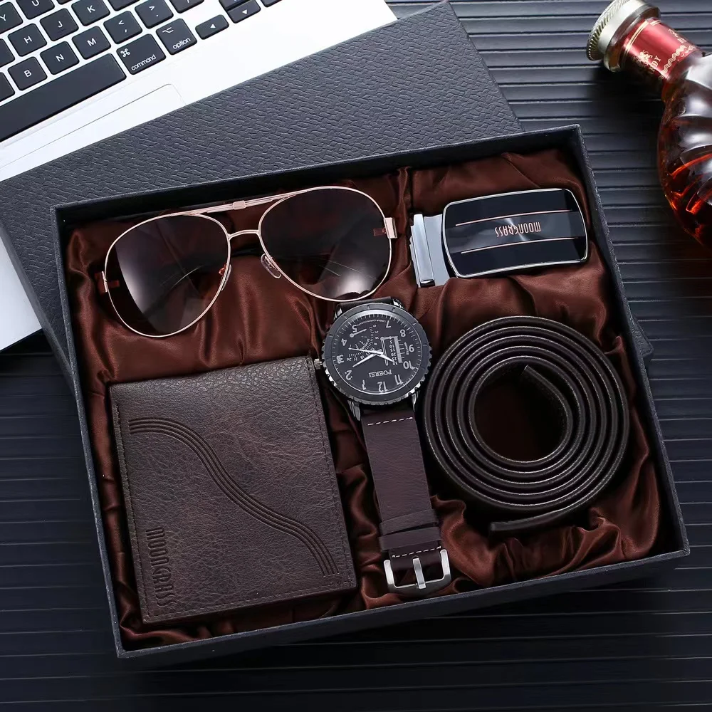 Fashion Watch Men Luxury Gifts Set Casual quartz Wirstwatch Sunglasses Top Quality Belt Folding wallet For Father's Men Present fashion watch men gift set sunglasses top quality belt wrist watch folding wallet tie tie clip father men s valentine day gifts